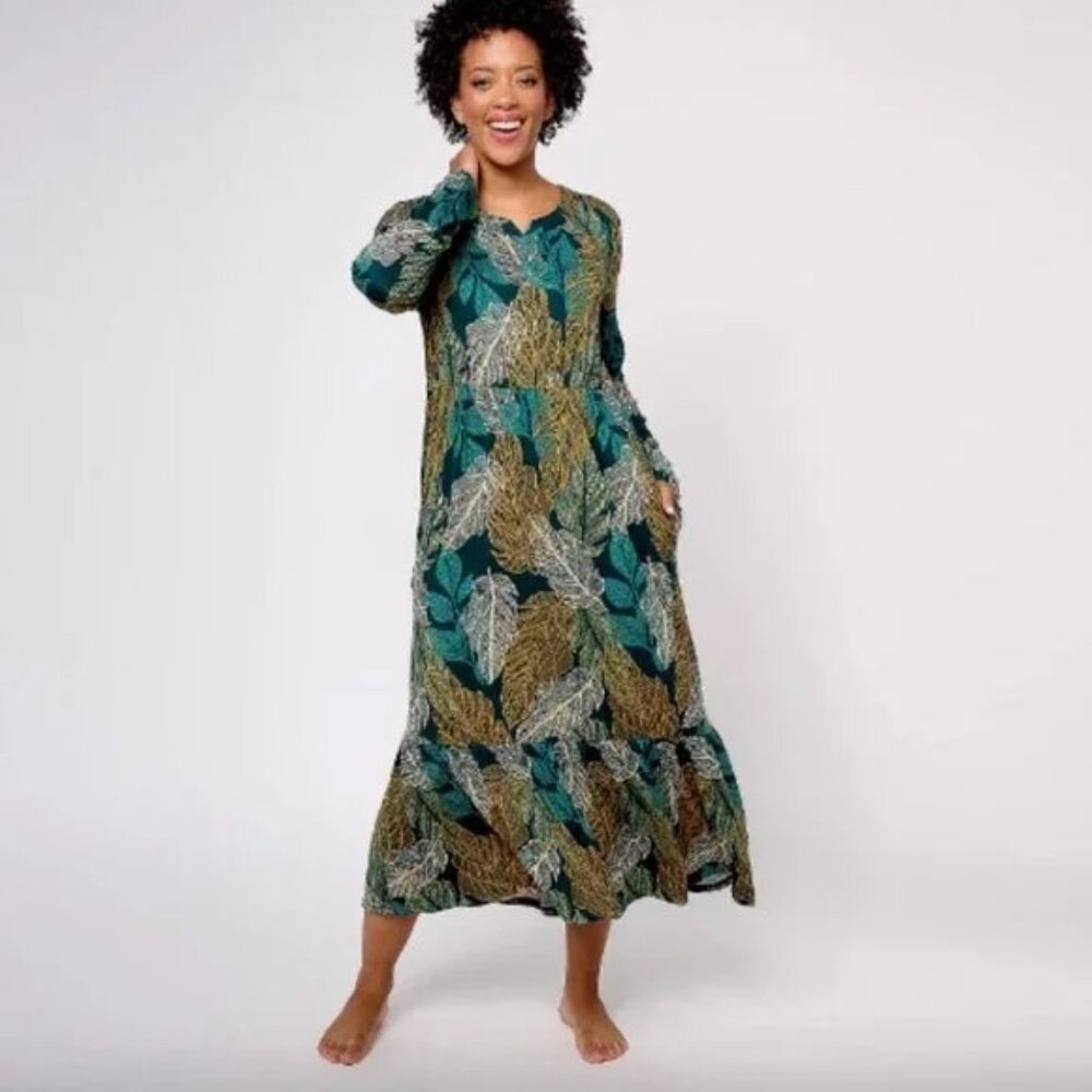 Stan Herman Lounge Dress Size Small Sueded Jersey Tiered Long Sleeve Jade Swing